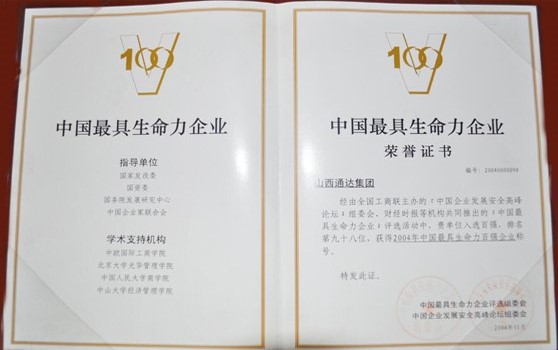 2004年11月集团荣获“中国最具生命力企业”荣誉称号