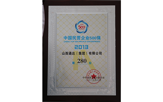 2013年8月集团位列中国民营企业500强（2013）第280位